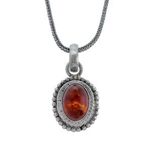 Vintage Sterling Silver 925 Rope Hobnail Framed Oval Amber Pendant ONLY